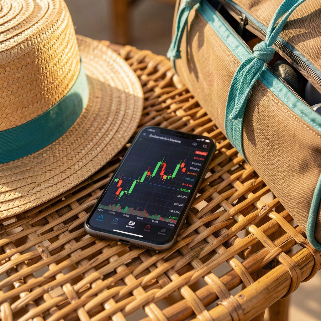 連休中も動き続けるチャートを表示したスマートフォンと旅行の荷物