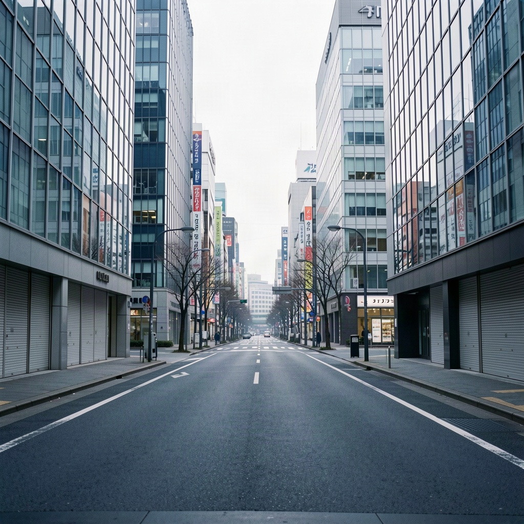 祝日の朝、人のいない東京のオフィス街の通り