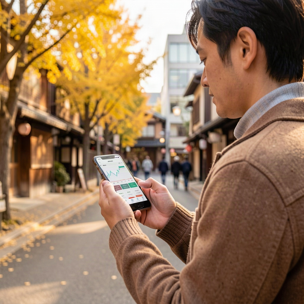 祝日の街なかでスマートフォンの為替チャートを確認する人